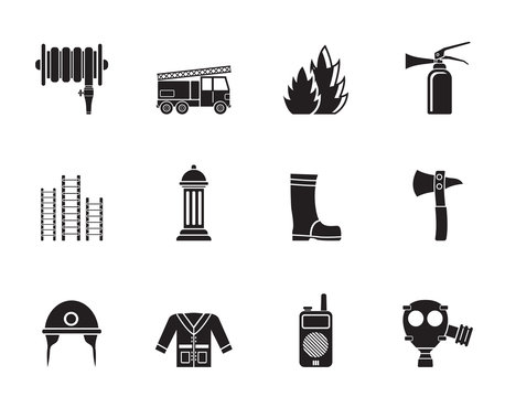 Silhouette fire-brigade and fireman equipment icons
