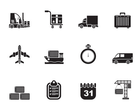 Silhouette logistics, shipping and transportation icons