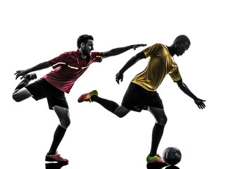 Fototapeta na wymiar two men soccer player standing silhouette