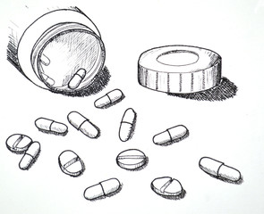 Hand drawn of medicine pills and tablet