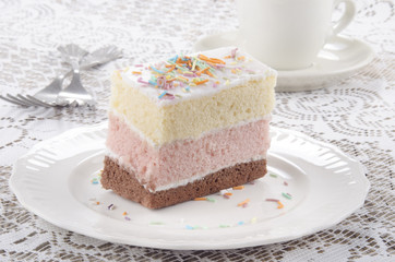 three layer cake with coloured sprinkle