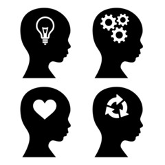 Head Silhouette with Idea Icons Set. Vector
