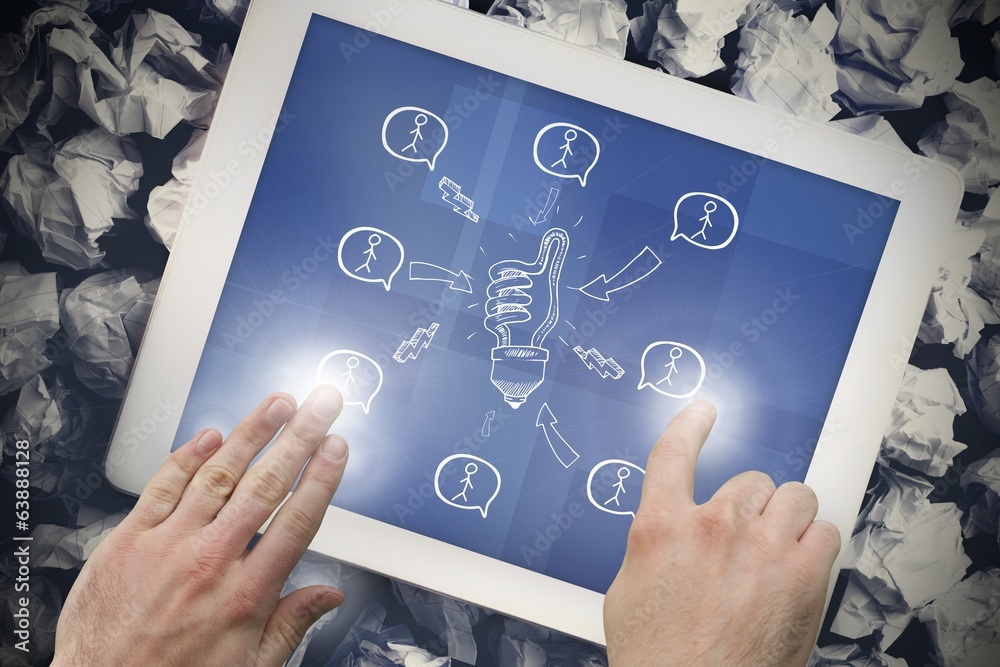 Poster composite image of hand touching tablet