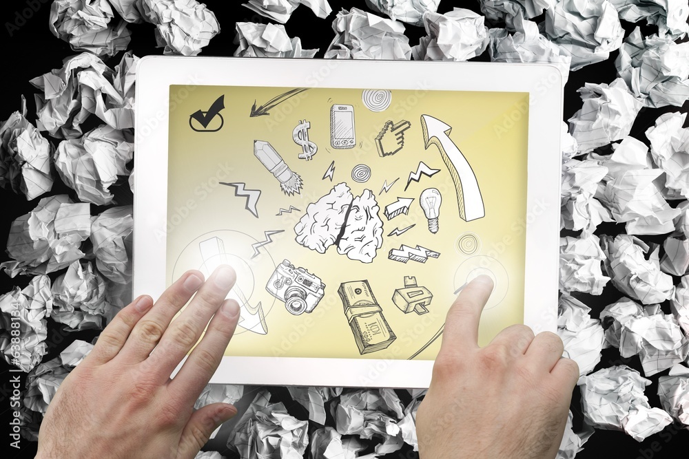Poster composite image of hands touching tablet