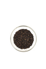 many black pepper in one cup on white background