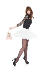 Naklejka premium Ballerina with ballet pointes shoes on white