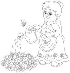 Granny watering flowers