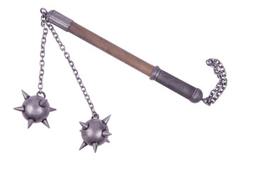Medieval flail with wooden handle, metal chain, and spiked balls. A historical weapon representing...