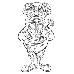 Funny cartoon clown. Drawing style black on white.