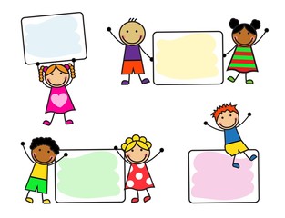 Cartoon smiling children with posters on white background