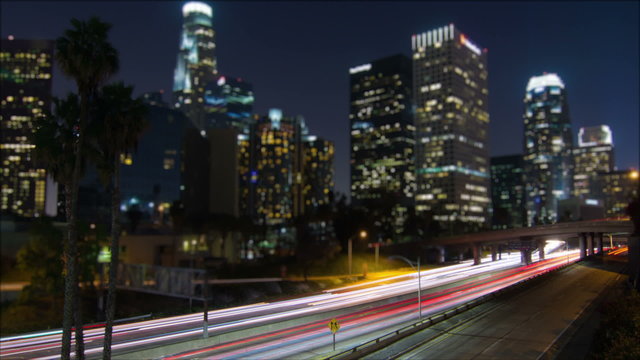 Night Traffic Time Lapse of Busy Freeway In City