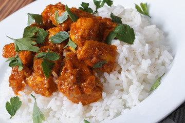 Chicken breast curry with rice on a white plate