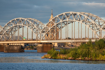 Fototapeta premium Latvia, Riga. The top view on national library and the railway b