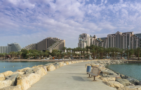 View on the central beach and main hotels in Eilat