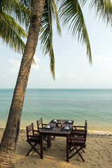 Table and chairs under a palm tree at a beach