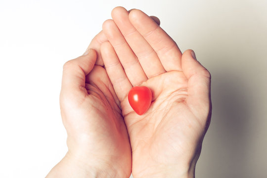 Hands holding heart shaped tomato