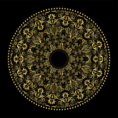 Golden plate with vintage ornament on black background - 63906350
