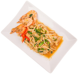 A plate of char kway teow with prawns and gravy