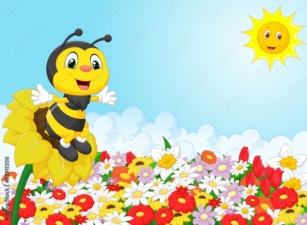 Poster Cartoon bee sitting on the flower