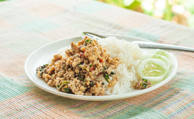 Thai spicy food , fried fish with sweet basil