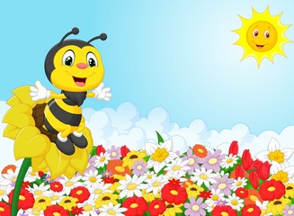 Cartoon bee sitting on the flower