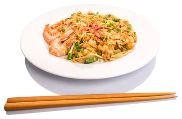 Fried char kway teow with prawns and chopstick