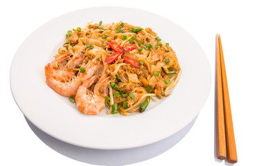 Fried char kway teow with prawns and chopstick
