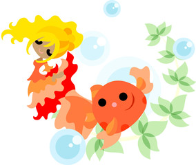 金魚と一緒に華麗に踊る、赤いドレスを着た少女。
