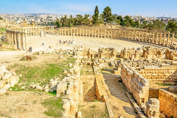 Oval Forum in the ancient Jordanian city of Jerash, Jordan.
