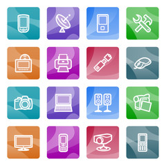 Electronics contour icons on color buttons.