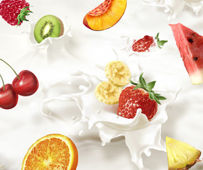 Various fruits falling into a sea of milk, causing  splashes.