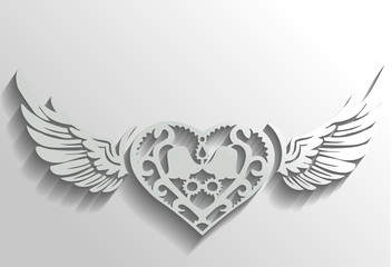 3D Decorative heart and wings with shadow, isolated, vector