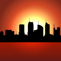 Sunset over City Skyscrappers. Vector Silhouette