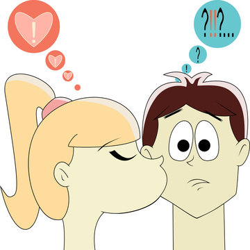 Cartoon love girl kissing a surprised boy on a white background