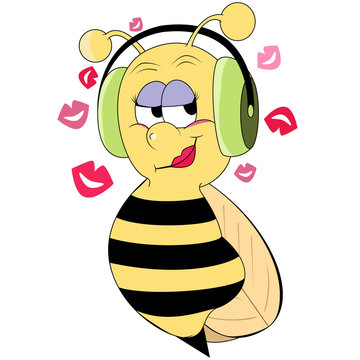Illustration of cartoon bee with headphones isolated on a white