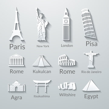 World landmarks, paper icons set