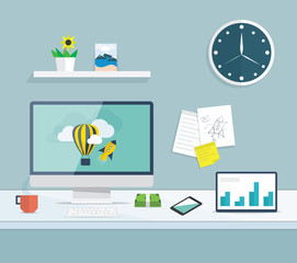 Flat desktop of web and graphic design development office