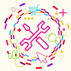 Screwdriver and wrench on abstract colorful geometric light back