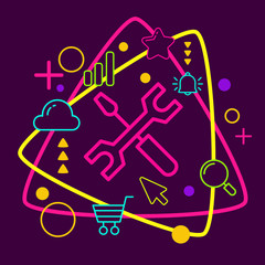 Screwdriver and wrench on abstract colorful geometric dark backg