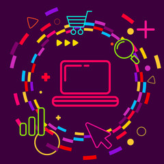 Fototapeta premium Laptop on abstract colorful geometric dark background with diffe