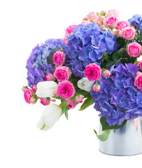 bouquet of white tulips, pink roses and blue hortensia flowers