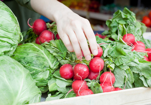 human hand takes a radish on market