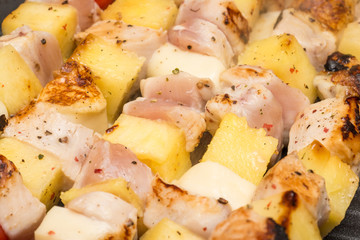 Tropical Skewers With Chicken Meat, Pineapple And Mozzarella
