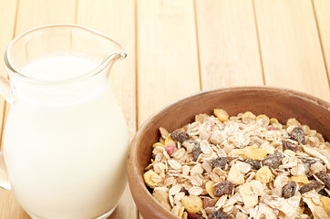 Delicious and healthy cereal in bowl with milk