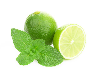 Limes and mint isolated on white background