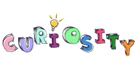 Sketchy colorful word Curiosity with light bulb