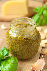Traditional italian pesto sauce with green basil and cheese