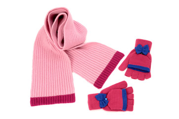 Cute pink winter scarf and a pair of gloves nicely arranged.