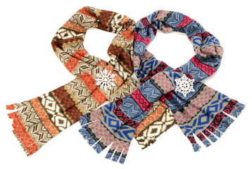 Brown and blue winter scarf with fringe isolated on white.