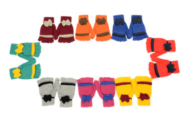 Gloves arranged in a rectangle. Winter accessories isolated.